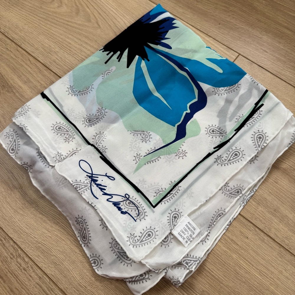 VTG Silk Scarf Large Square 41" Hand Rolled Linda Dano Blue Bold EUC
